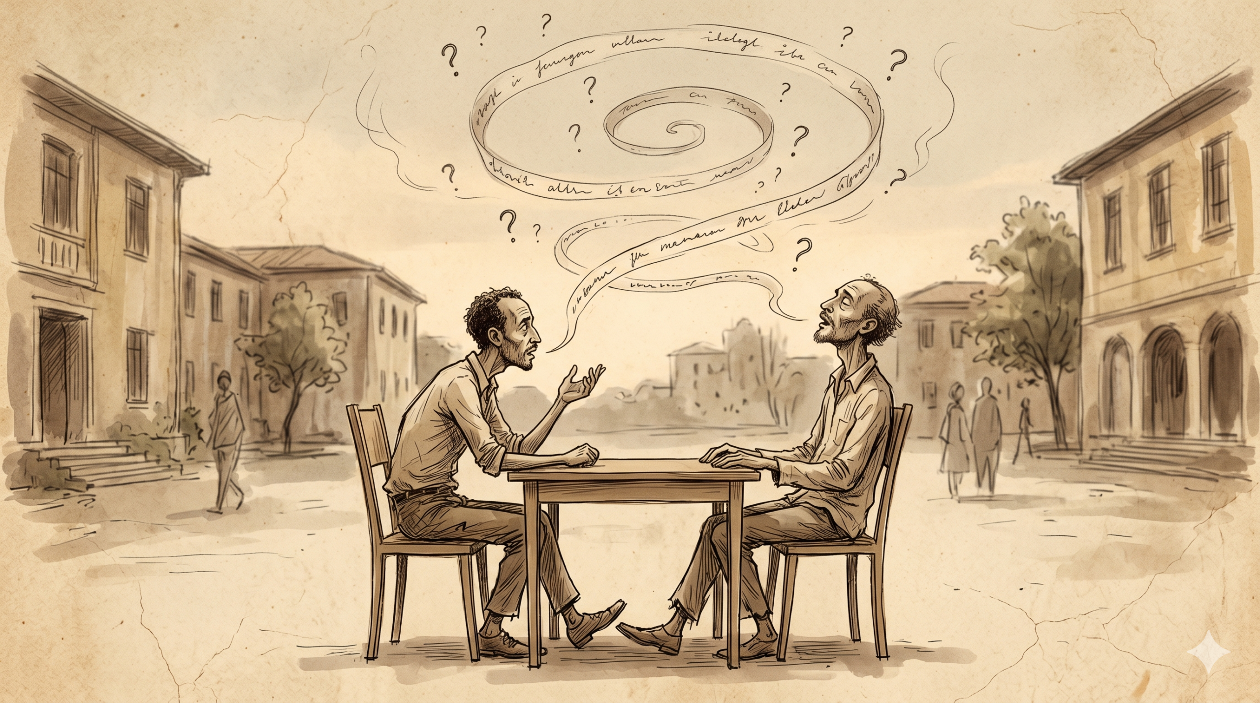 Two men at a small table in a dusk courtyard, a spiral of question marks rising between them