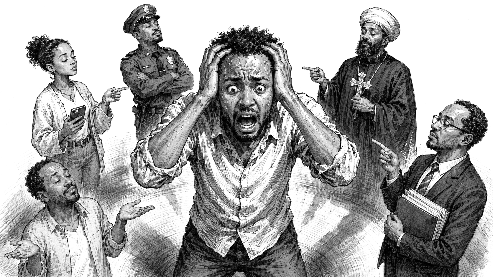 A panicked man clutches his head while calm figures around him point at him